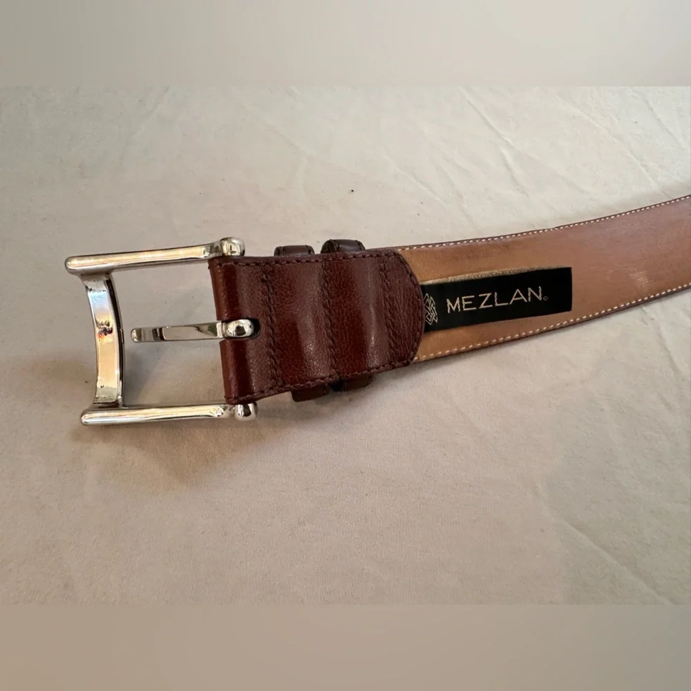 MEZLAN Woven Leather Belt Brown Silver Buckle Spain Size 38 Quiet Luxury